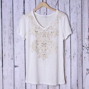 Miss Me beaded T-shirt with Crocheted back Size L